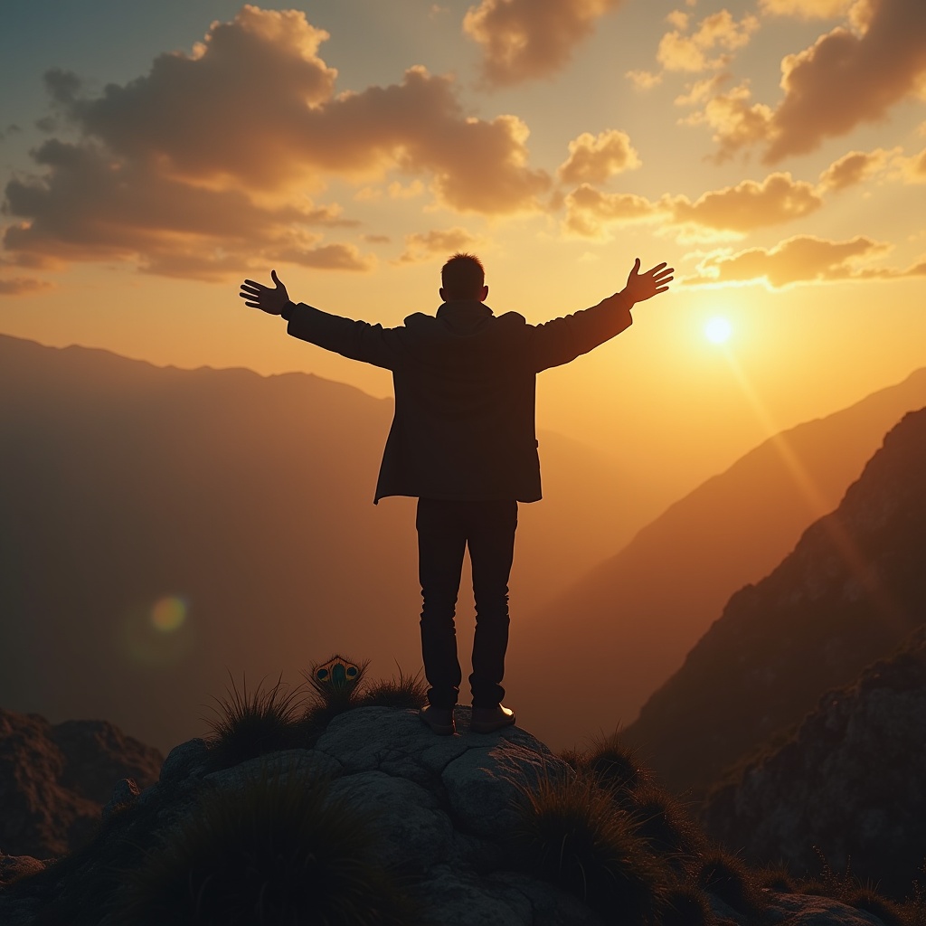 A person stargazing from a dark hilltop, the Milky Way visible above them, their silhouette small against the vast sky