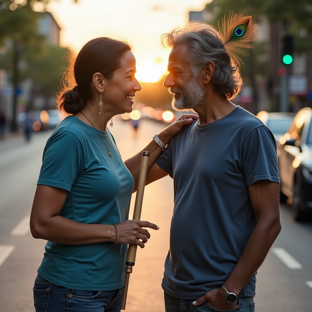 A crowded city street at golden hour, faces of diverse strangers all lit by the same warm light