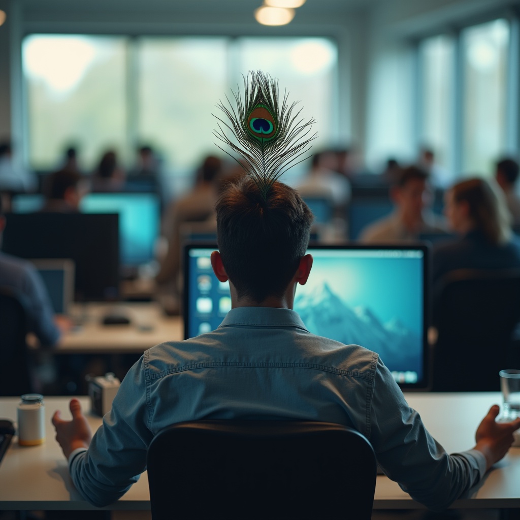 A person at their desk surrounded by distractions — phone, notifications, open tabs — but their gaze is steady on a single piece of work
