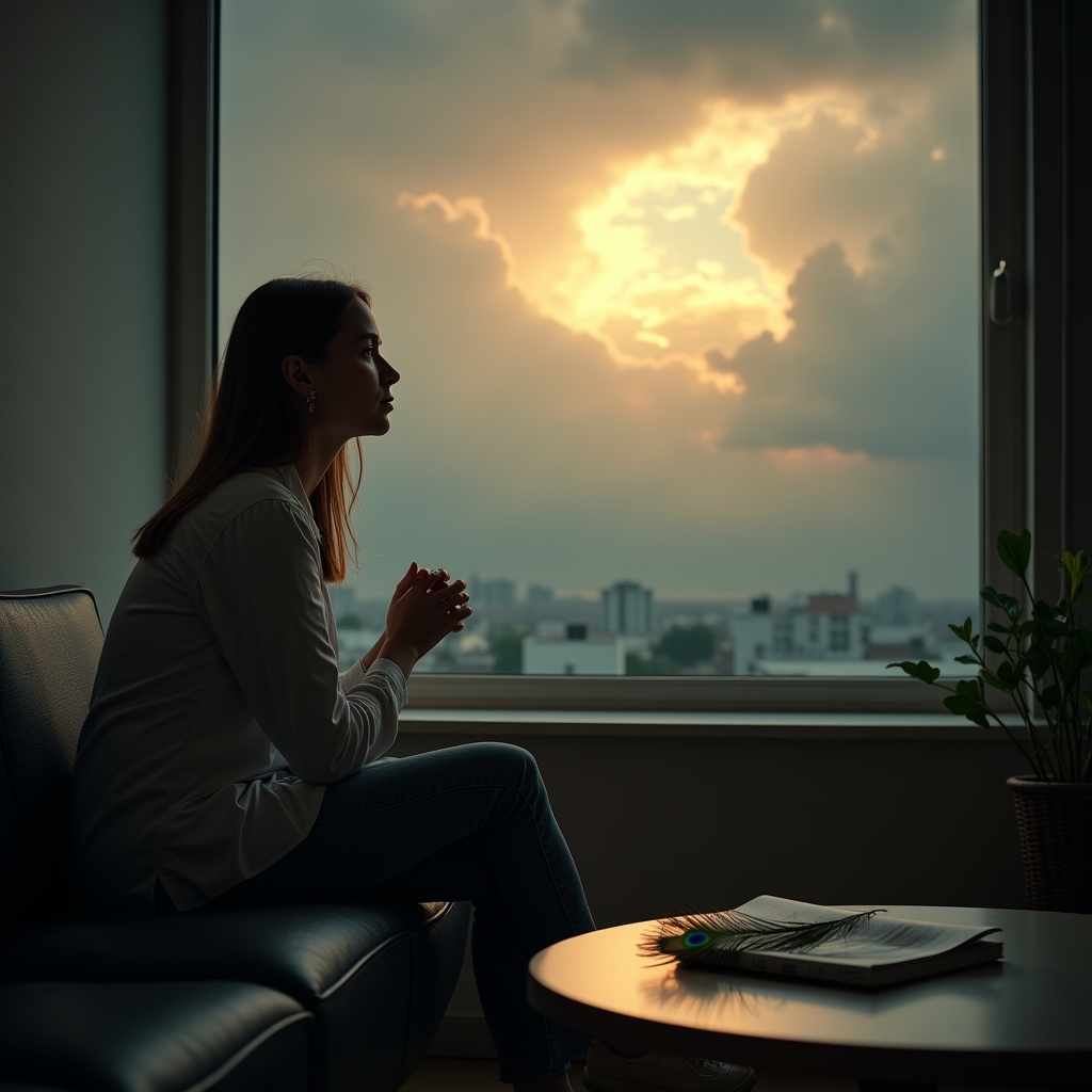 Krishna standing beside someone waiting anxiously in a hospital corridor, golden light filtering through a rain-streaked window