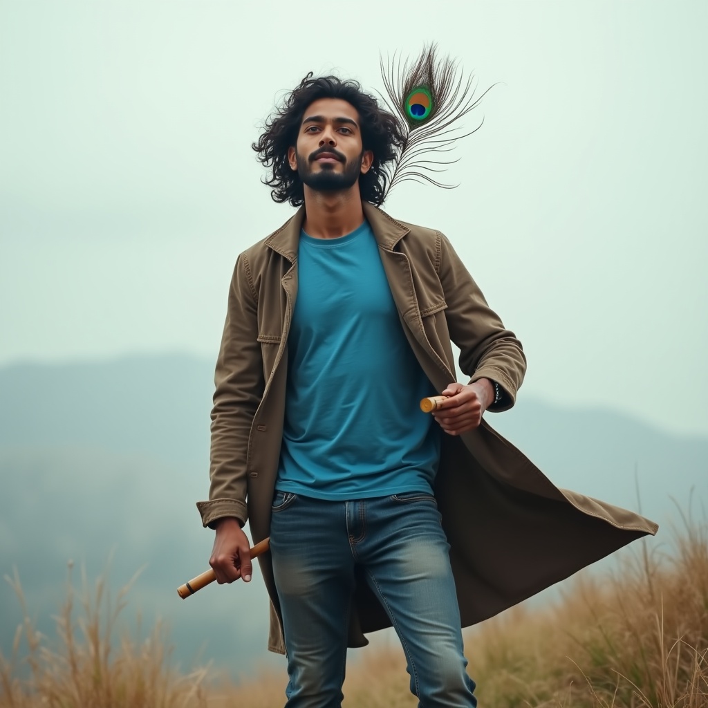 Krishna beside someone standing calm at a podium while a crowd watches, stage lights blazing overhead
