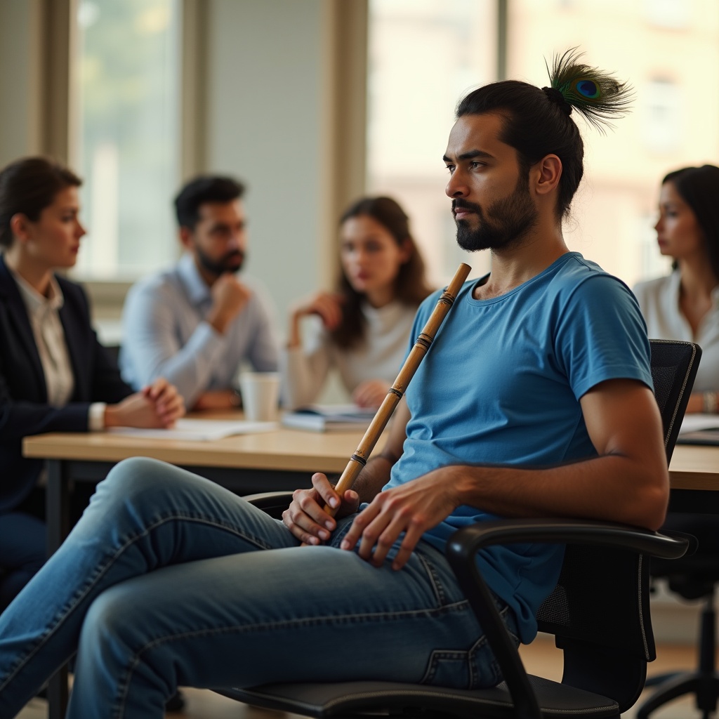 Krishna walking alongside someone through a dark city alley at night, a faint golden glow lighting their path forward