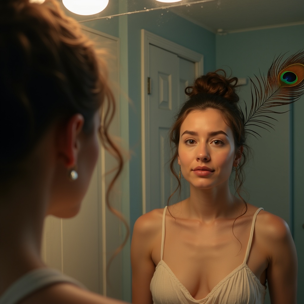 Krishna sitting with someone on a rooftop at dawn, the person looking at their own reflection in a puddle of rainwater