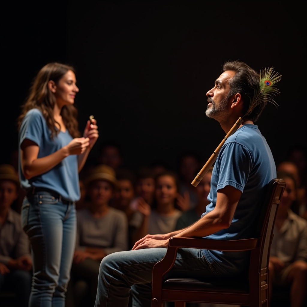 Krishna standing behind someone at a whiteboard during a critical product launch meeting, their hand mid-gesture, a calm certainty on their face
