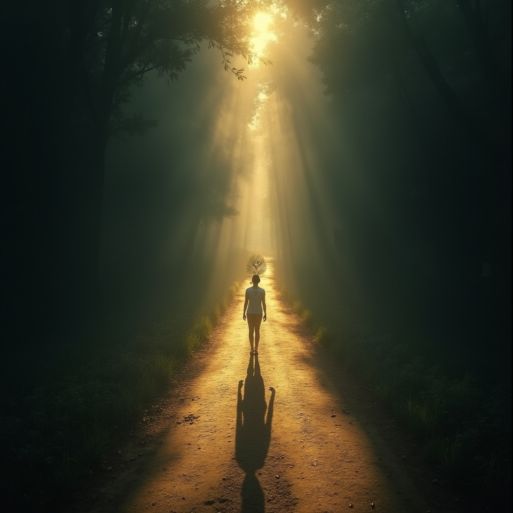 A figure casting a long dark shadow that looks different from their posed, smiling silhouette — the shadow reveals clenched fists and a scowl