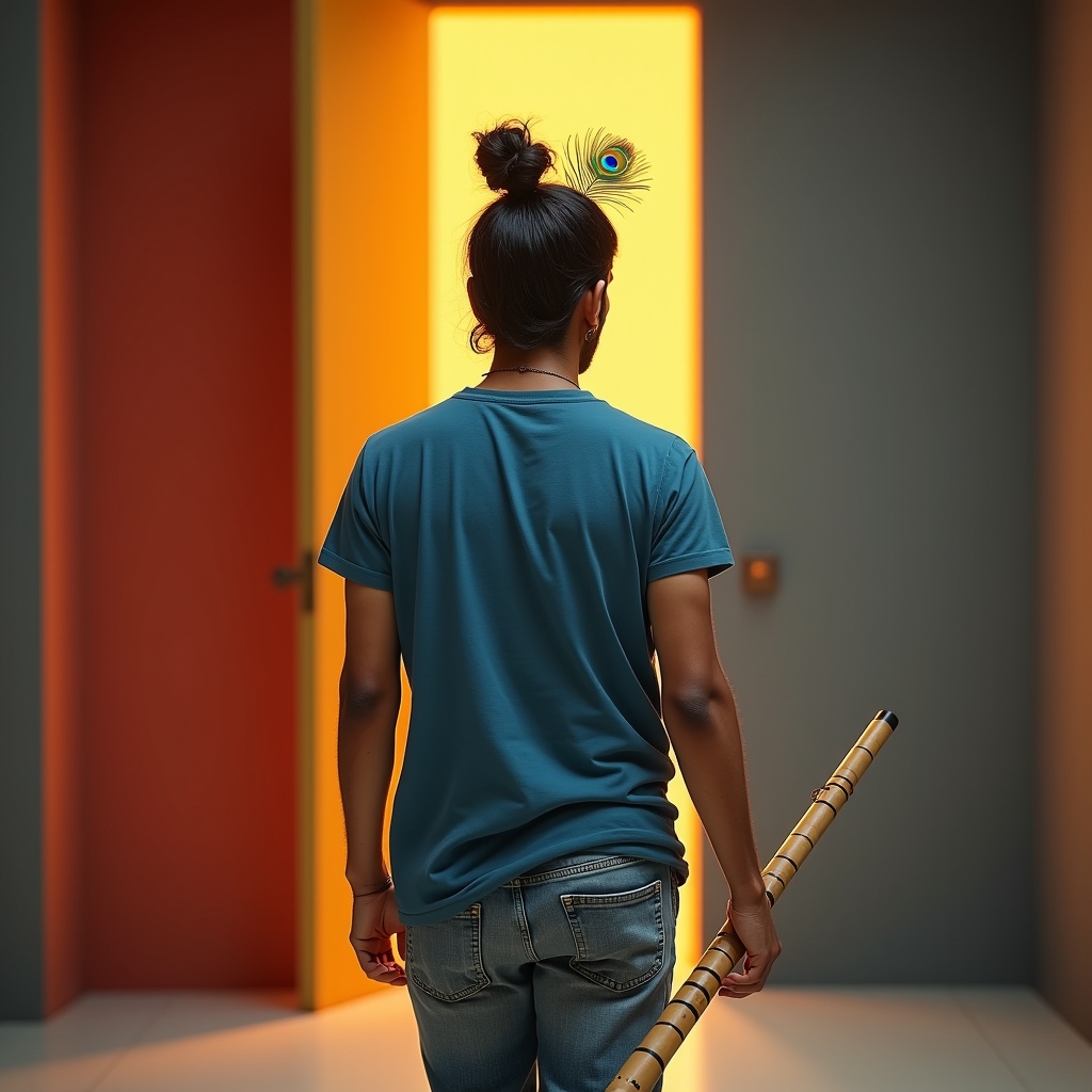 Three dark doorways in a row, each pulling the viewer in with a different colour — red for anger, gold for greed, purple for lust — a person turning away