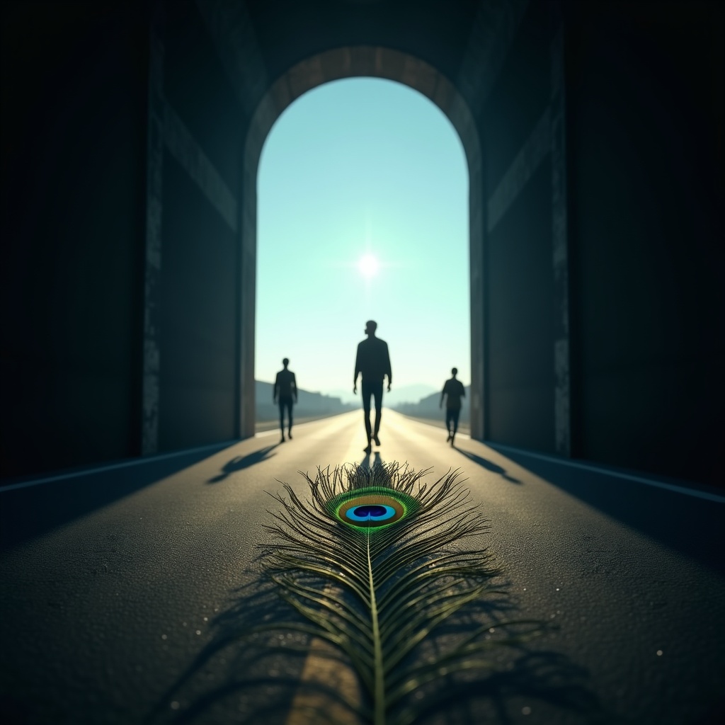 A person walking through an open gate into brilliant daylight, leaving three dark doorways behind, moving toward a wide open landscape