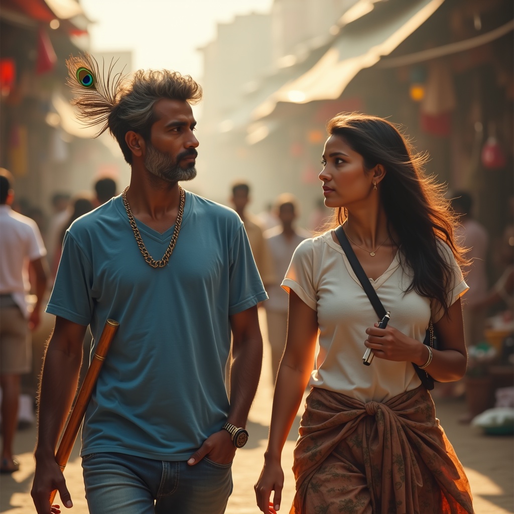 Two friends walking together on a mountain trail at sunrise, one carrying a backpack, the other carrying a walking stick, the summit visible ahead, golden light on the horizon