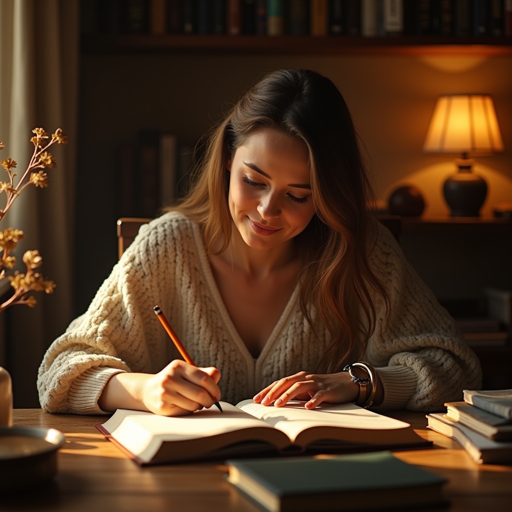 A person painting in a sun-filled studio, golden-white light streaming through windows, serene expression, clean workspace with plants