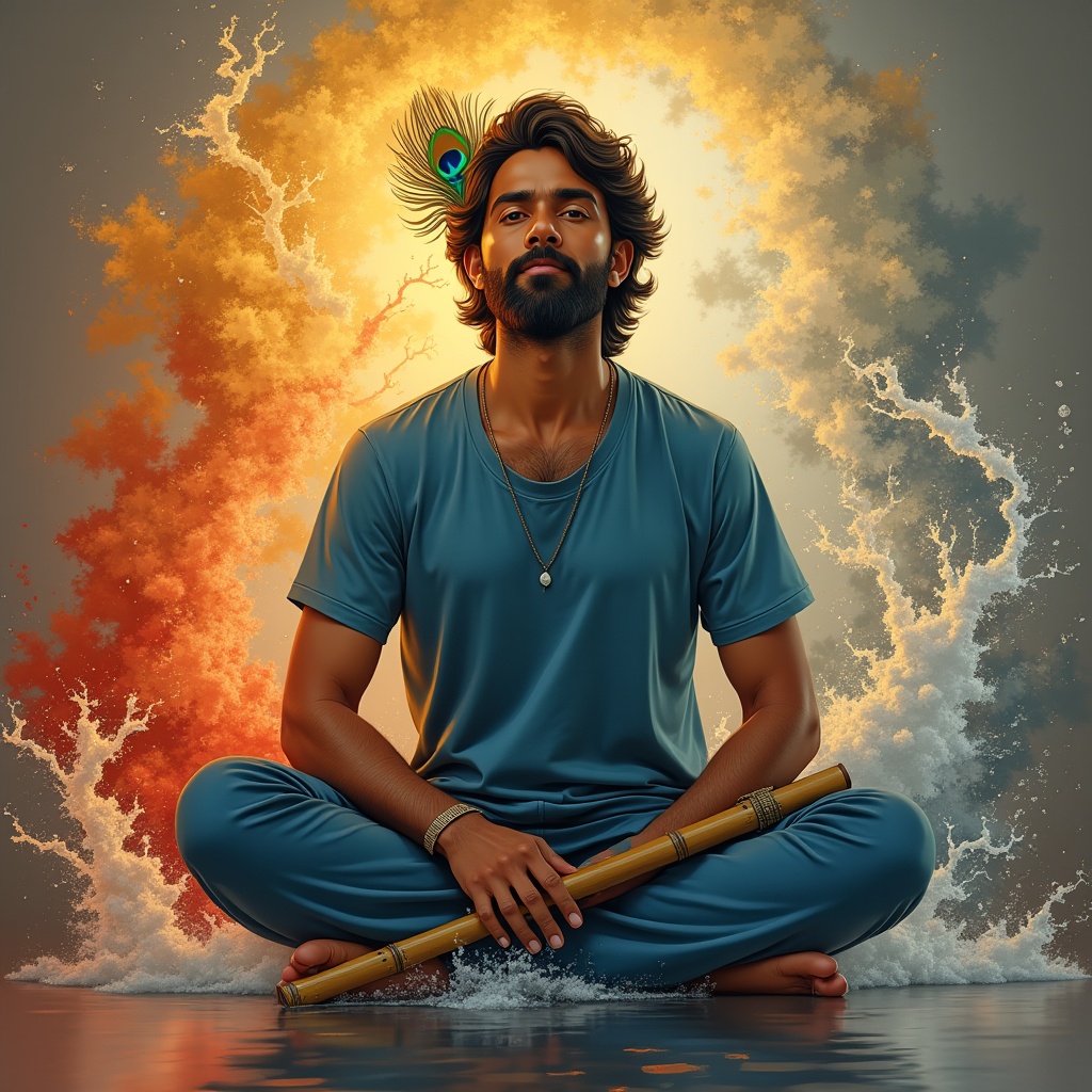 A person sitting peacefully on a park bench while around them a golden sunrise, a bustling crowd, and a gathering storm all coexist in the same frame