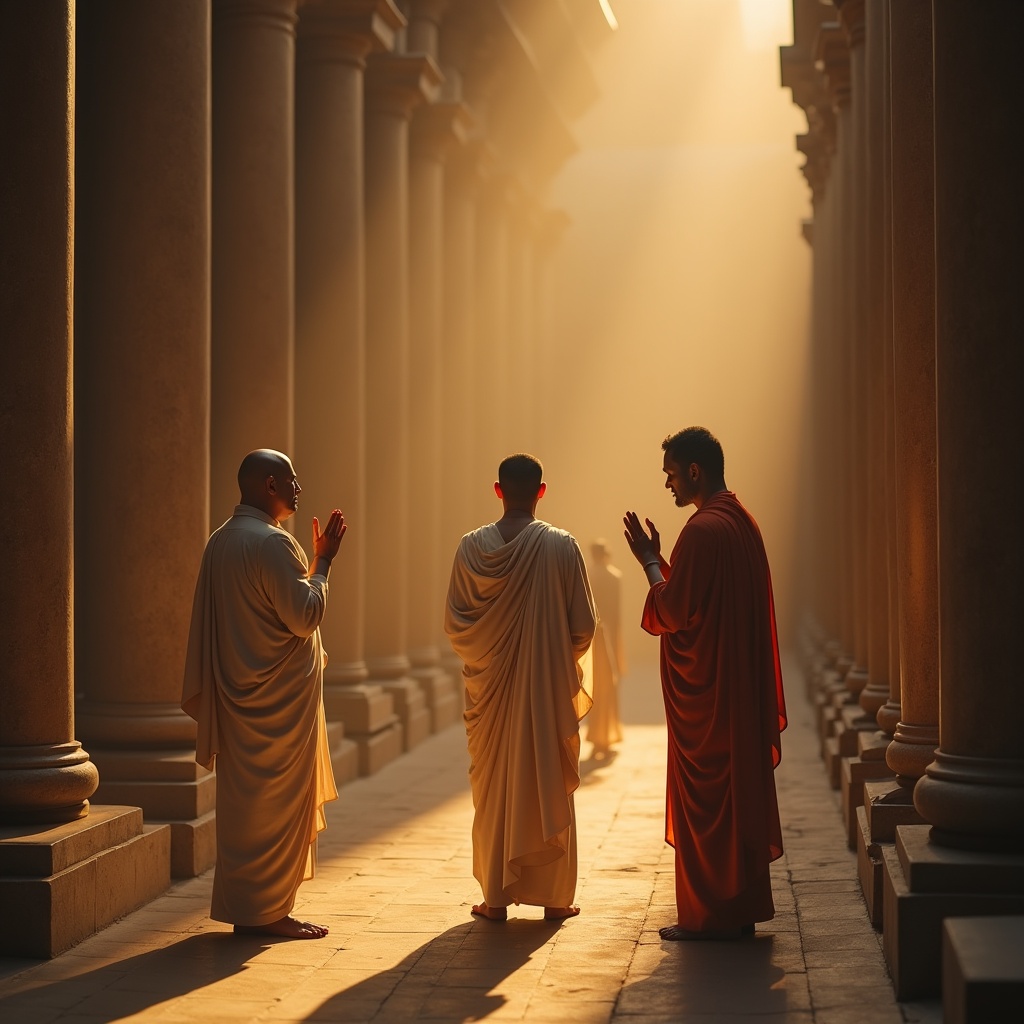 Three people looking at the same sunset — one sketching it thoughtfully in golden light, one filming it frantically for social media in orange light, one barely glancing up from their phone in grey shadow