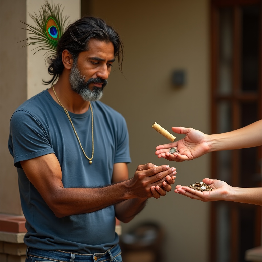 A person quietly leaving a bag of groceries at a neighbor's door, golden morning light, no one watching, simple act of kindness