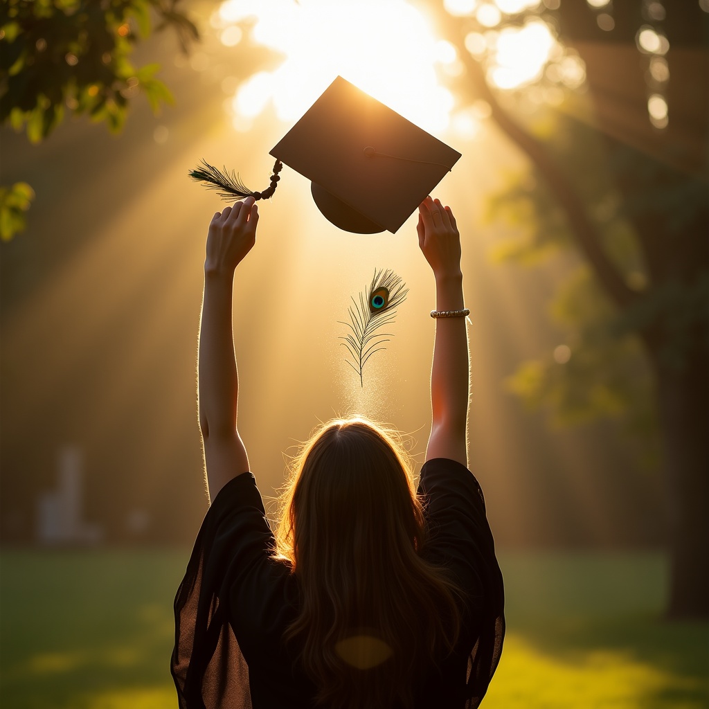 A figure stepping through a doorway of light, leaving behind a grey city of clocks and deadlines, walking into boundless open sky