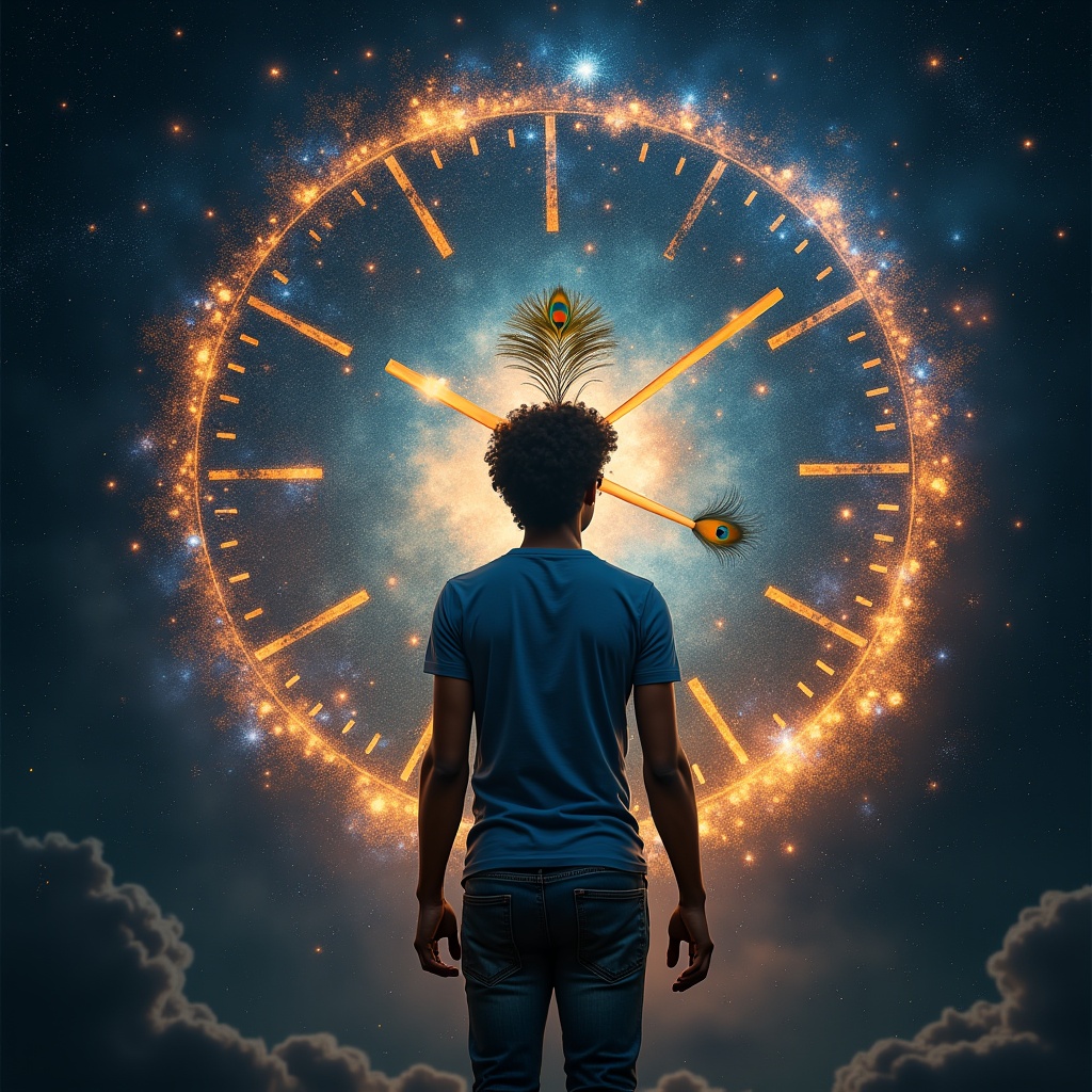 A cosmic clock with galaxies as gears, showing billions of years as a single tick, with a tiny human figure gazing up in awe
