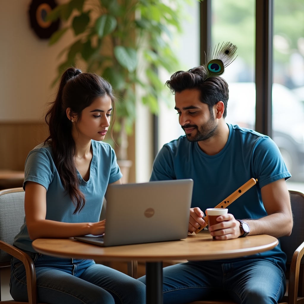 Krishna in jeans sitting at a café table beside someone staring at a laptop, both calm despite the busy café around them