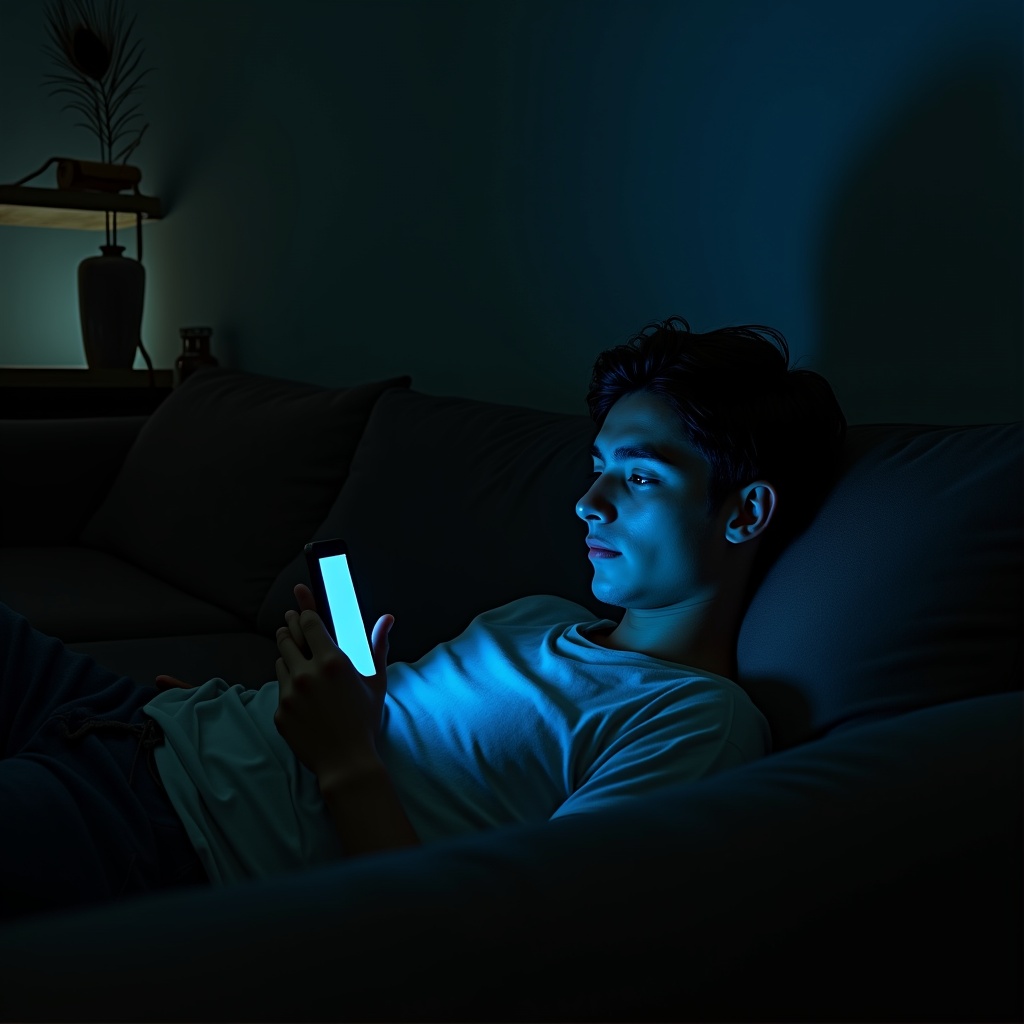 Someone lying on a couch scrolling their phone endlessly, a faint blue light from a window suggesting time passing, a flute leaning against the wall