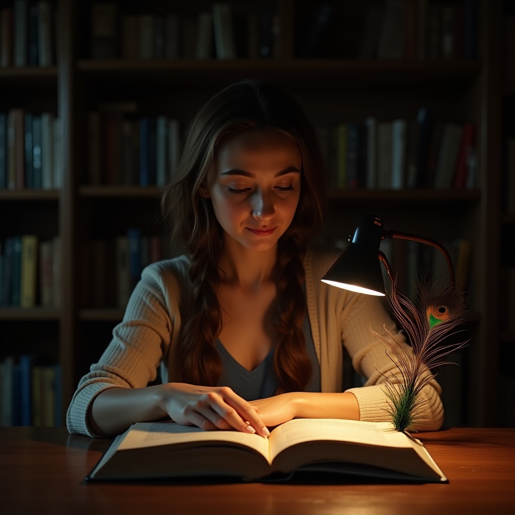 A person reading alone in a library at night, a single lamp illuminating their face, a peacock feather used as a bookmark