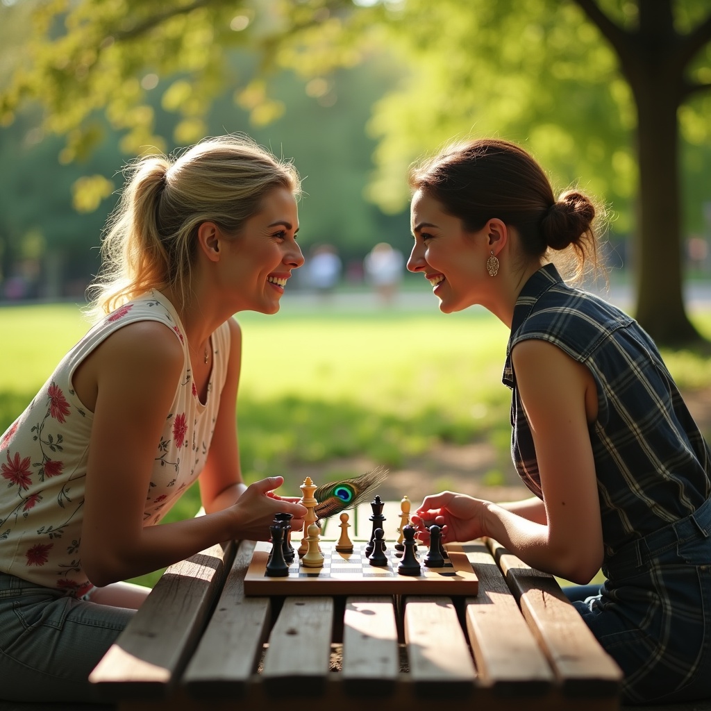 Two people playing chess in a park, one winning and one losing, both smiling equally, warm afternoon light