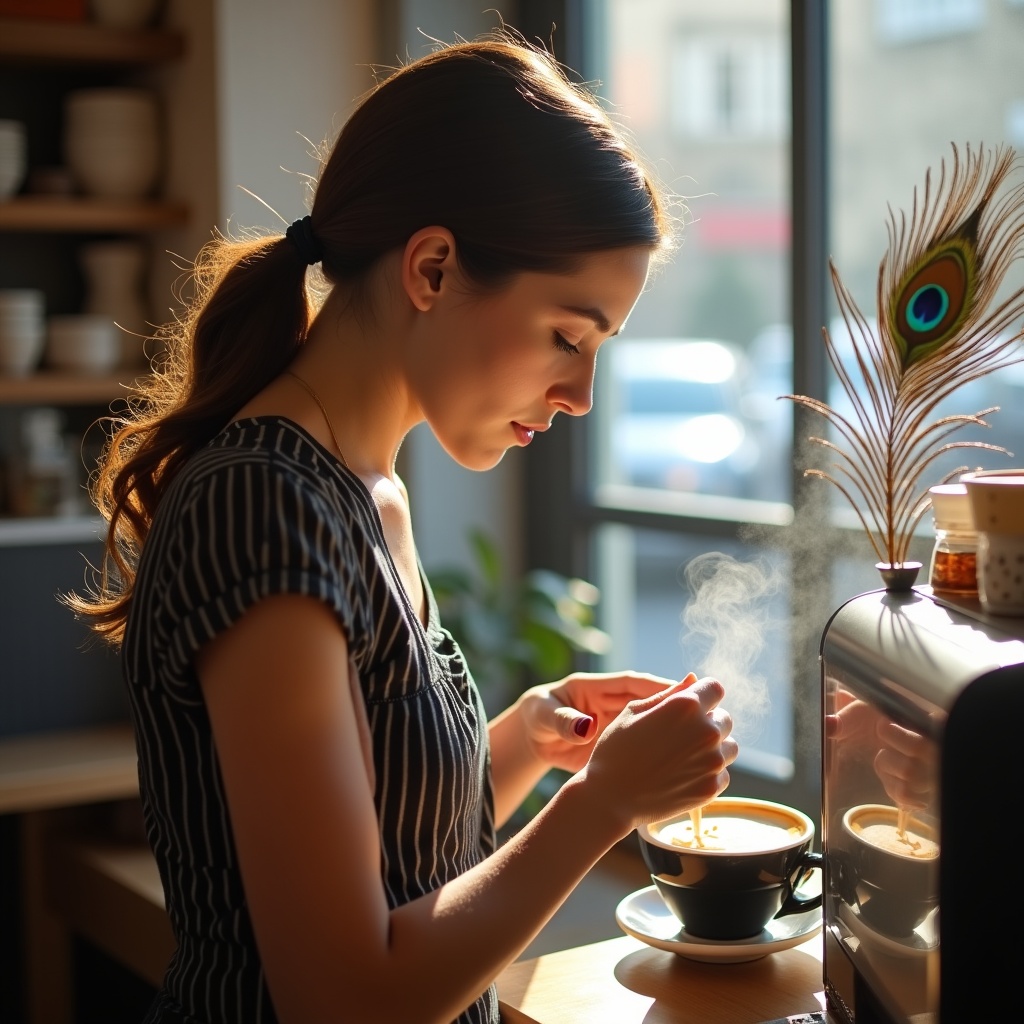 A barista carefully pouring latte art with deep focus, morning light streaming through a window, steam rising
