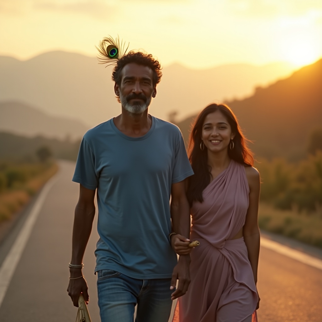 Krishna in jeans walking alongside someone on a long road at sunrise, both moving forward with calm purpose, mountains in the distance