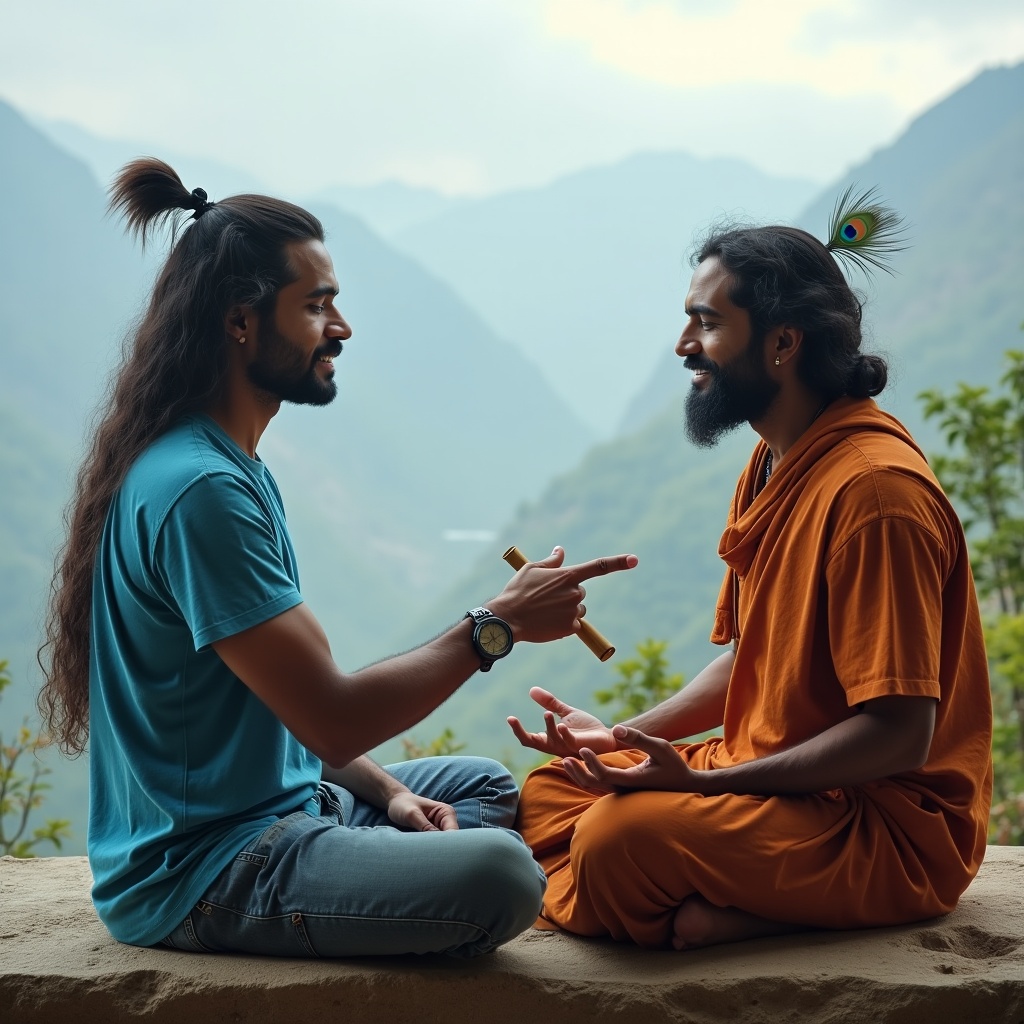 A person standing at a crossroads — one path leading to a remote mountain cave, the other winding back into a vibrant city — choosing the city with open hands and a calm face