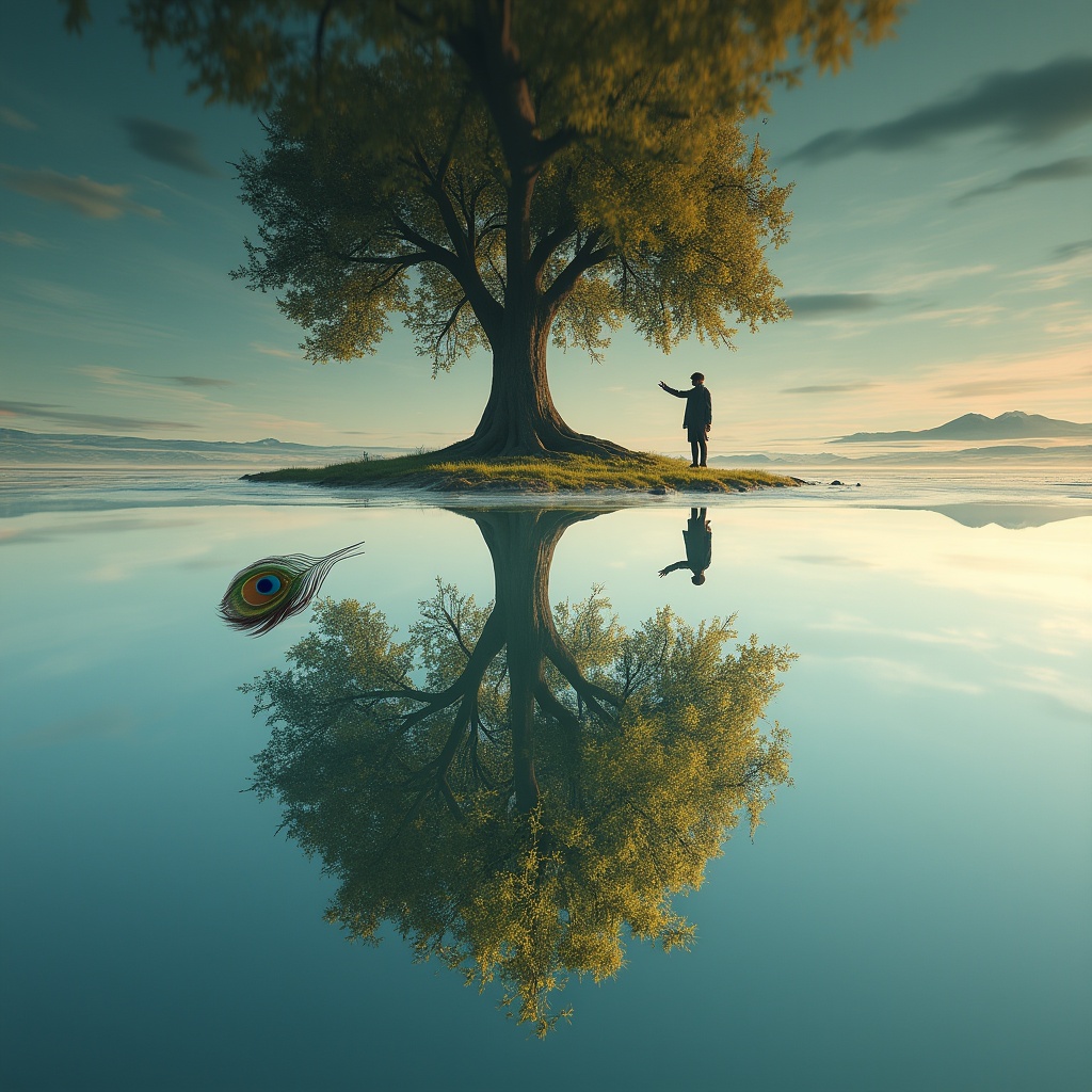 The cosmic tree, roots stretching into a luminous sky, branches hanging down into a misty world below — someone looking up in wonder