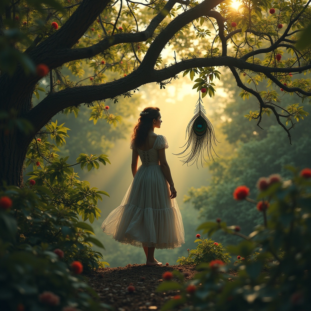 An inverted world-tree with branches spreading in every direction, each branch glowing with different colors representing desire, inertia, and clarity