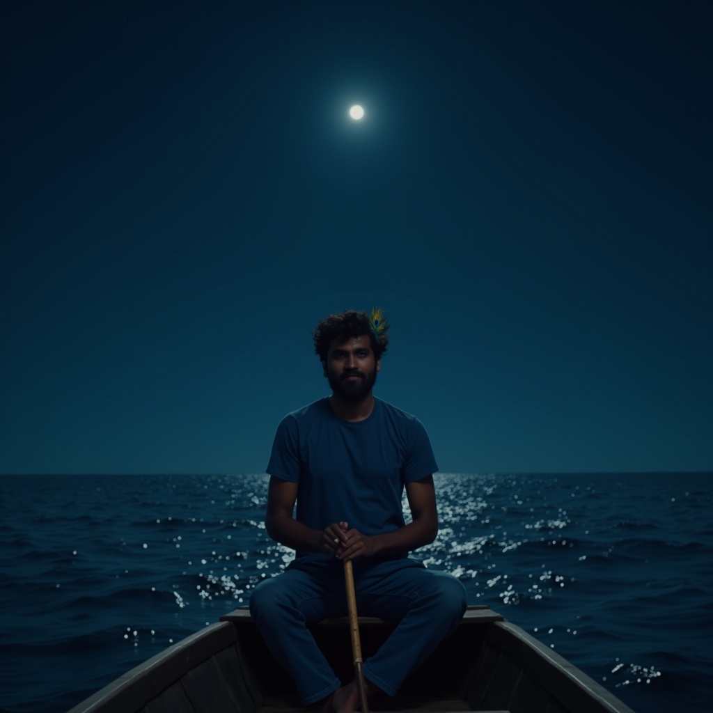 A storm clearing over the ocean, sunlight breaking through dark clouds, a small boat on calm water emerging from the turmoil