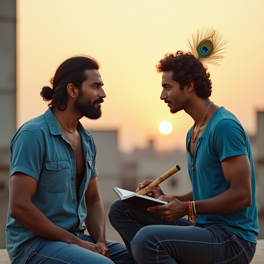 A calm person sitting still on a park bench while a storm rages around them, leaves flying, people rushing past with umbrellas