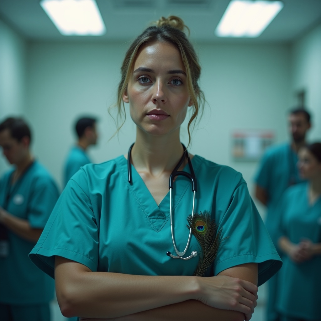 A doctor calmly treating patients in a busy emergency room, same composed expression whether the news is good or bad
