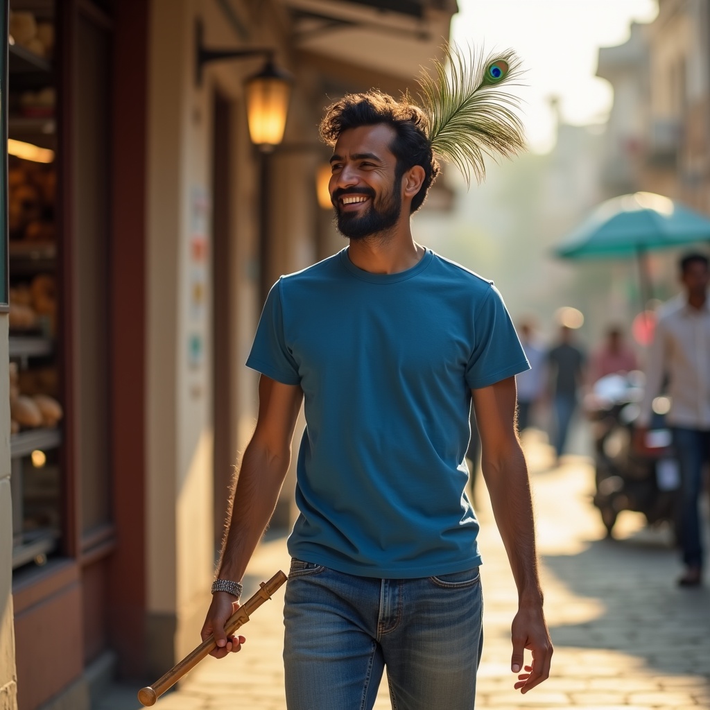 A person walking past a bakery with eyes closed, the scent of fresh bread visible as golden wisps in the air, the person smiling faintly but not stopping