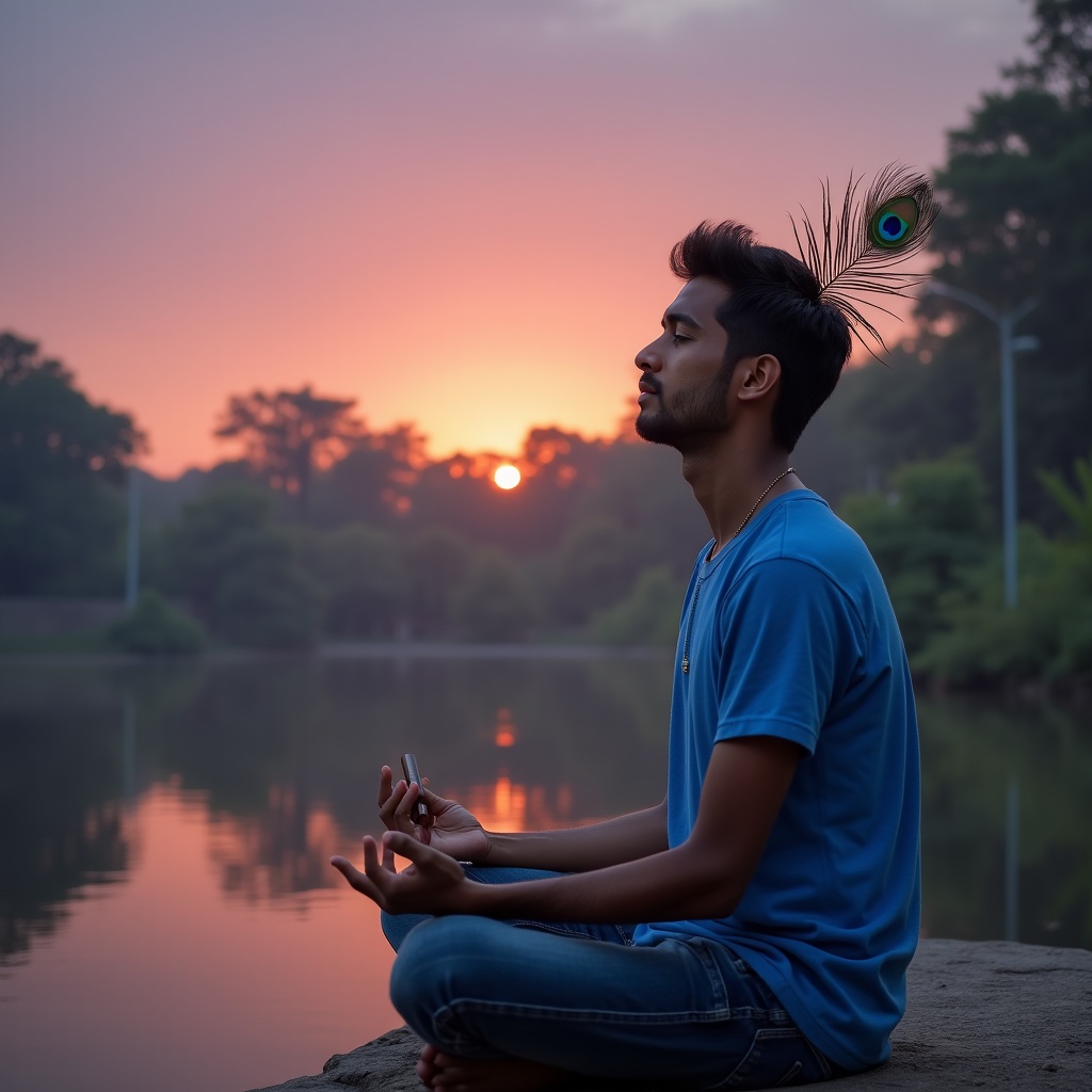 A person meditating peacefully under a starry sky while a city of bright screens and neon lights glows in the distance behind them