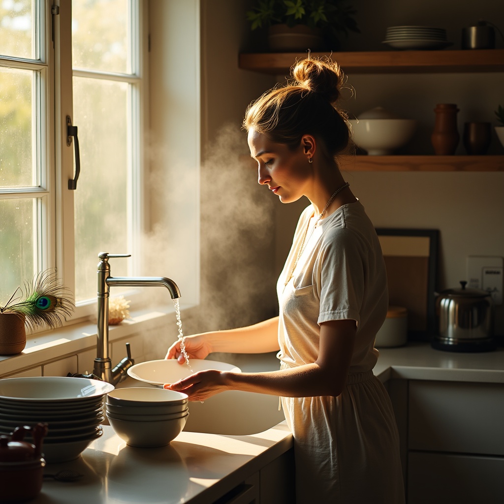 A person cleaning their desk methodically, removing clutter, a single plant remaining — simplicity as practice