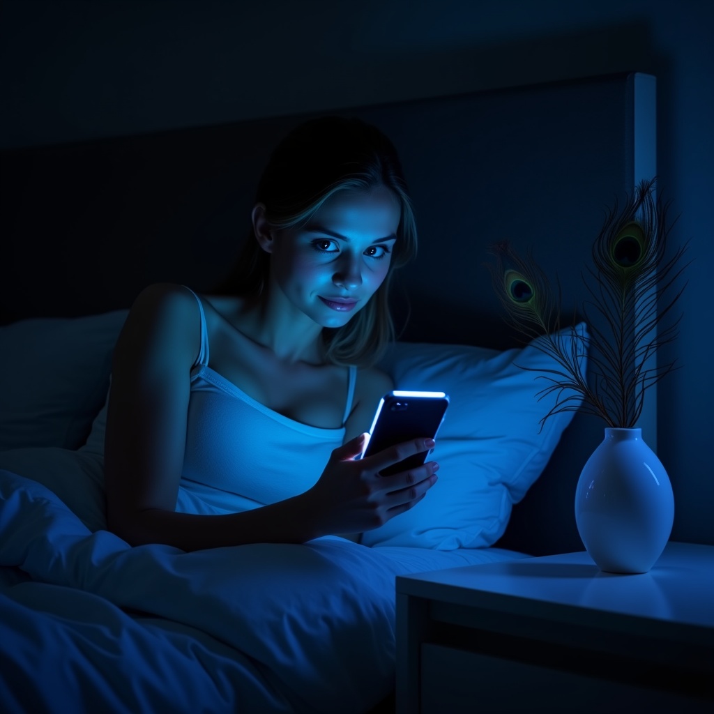 A person scrolling through social media late at night, each notification glowing like a chain link, a flute resting forgotten on the nightstand