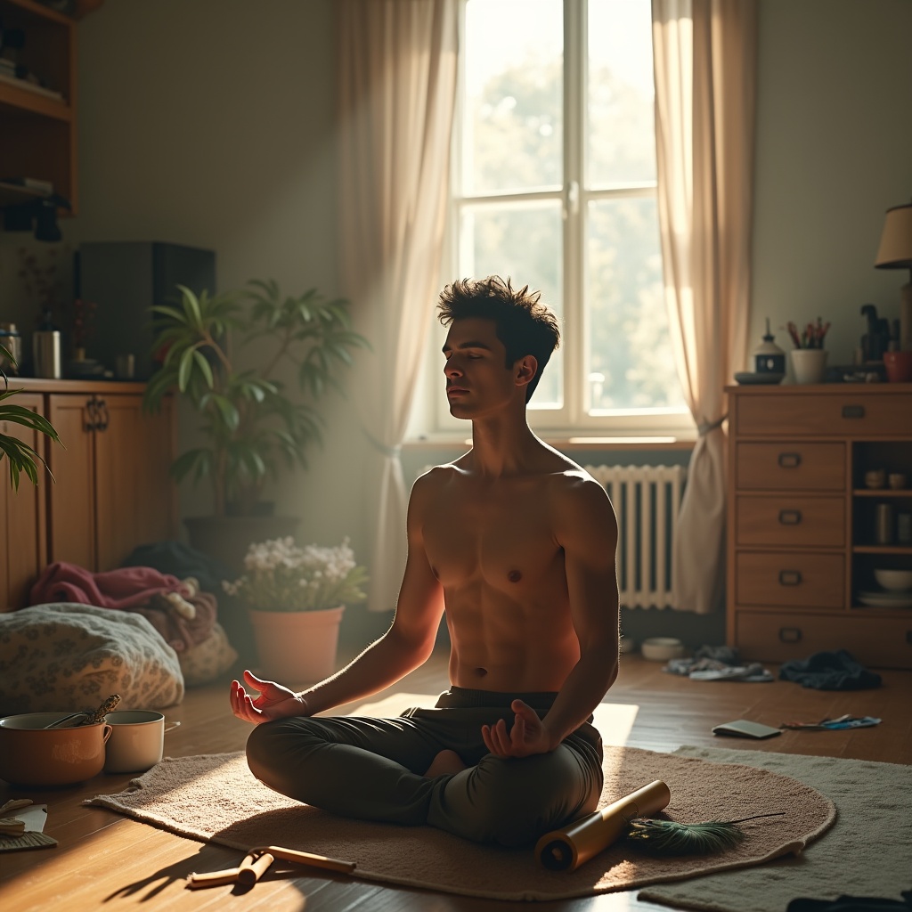 A person sitting on a mountain trail at dawn, eyes closed, surrounded by scattered thought bubbles that are slowly fading into mist