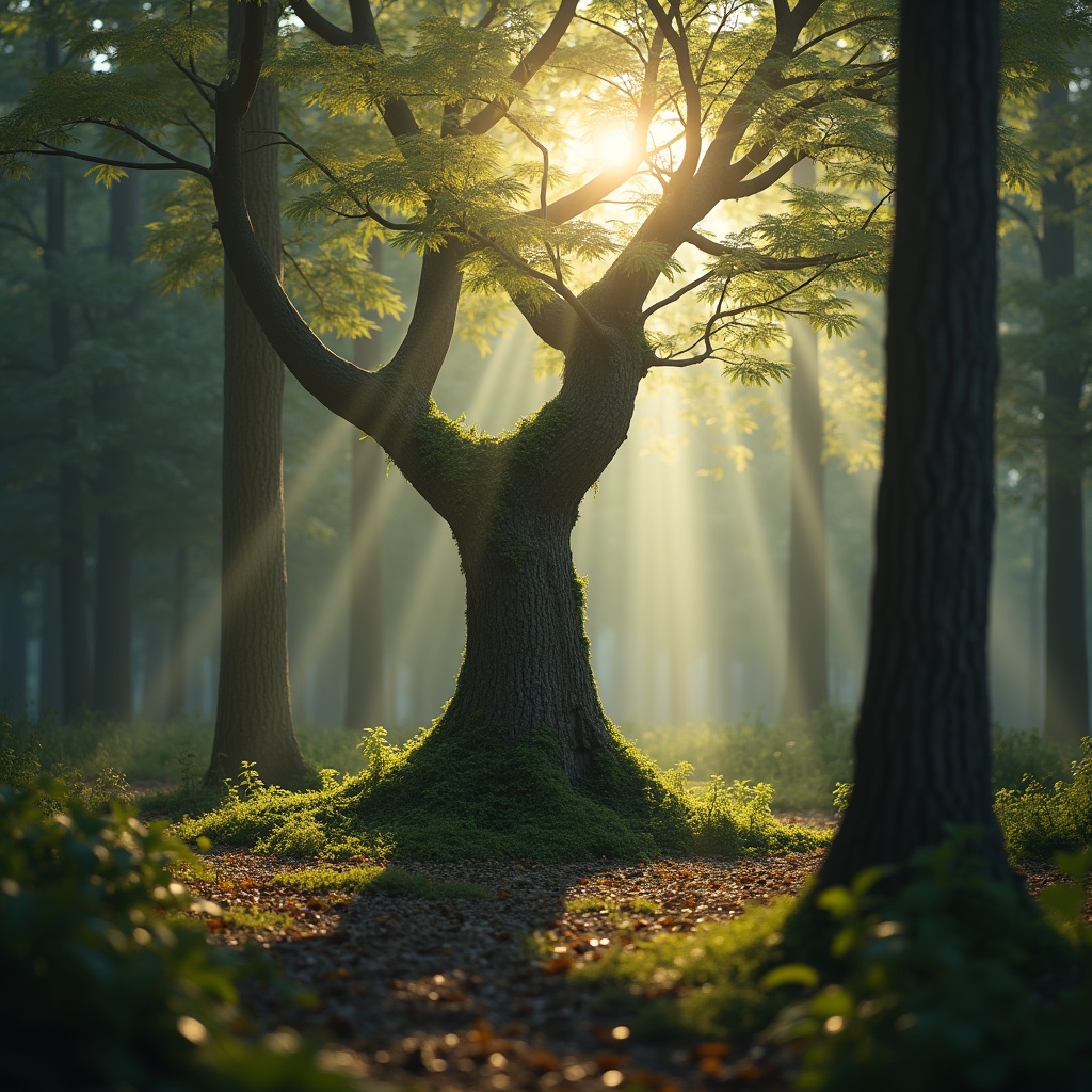 An ancient tree in autumn, half its leaves falling in golden spirals while new green buds appear on the same branches — death and birth in one frame