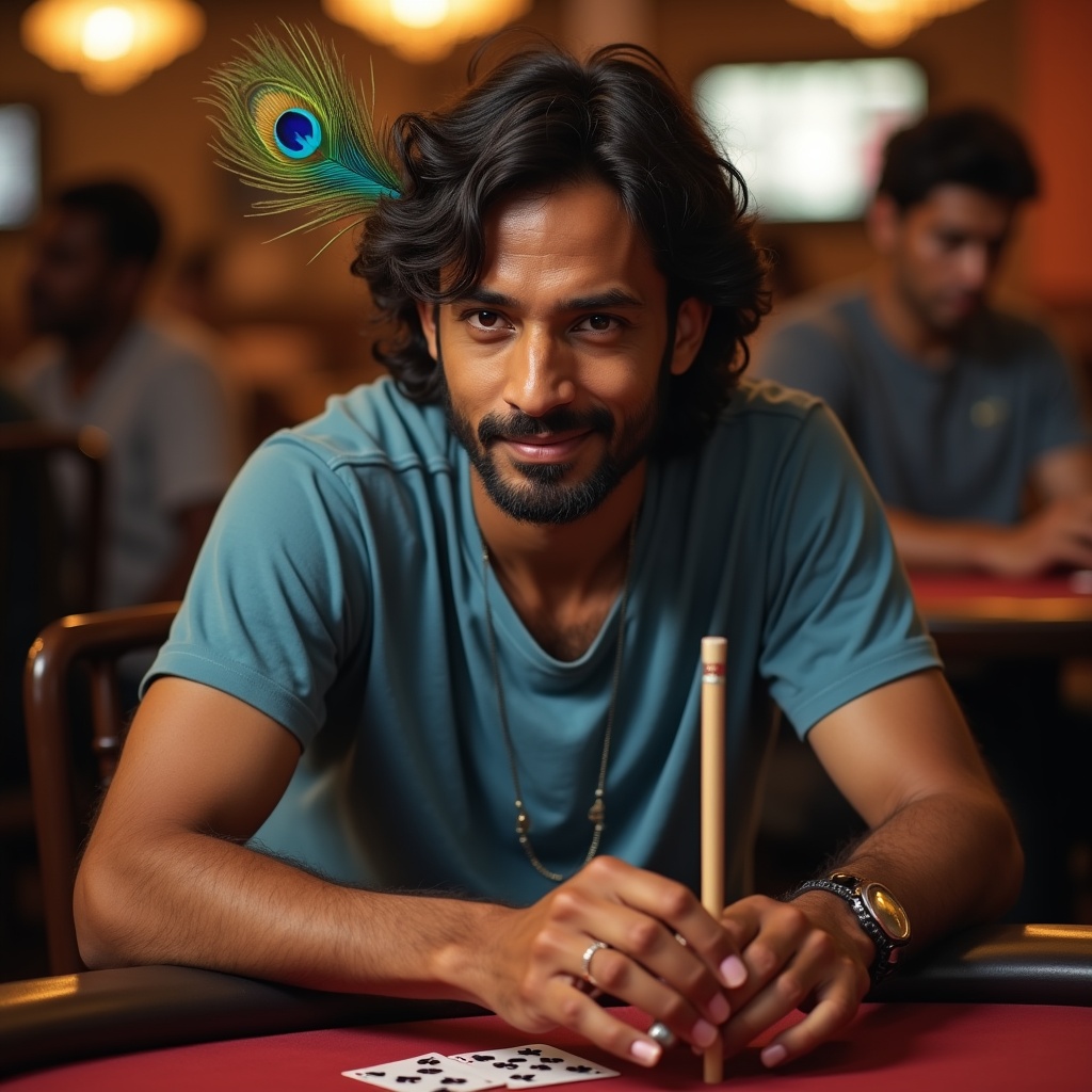 A poker table in dramatic light — one player's face illuminated, cards fanned out, the moment of an all-in bet where risk and brilliance are the same thing