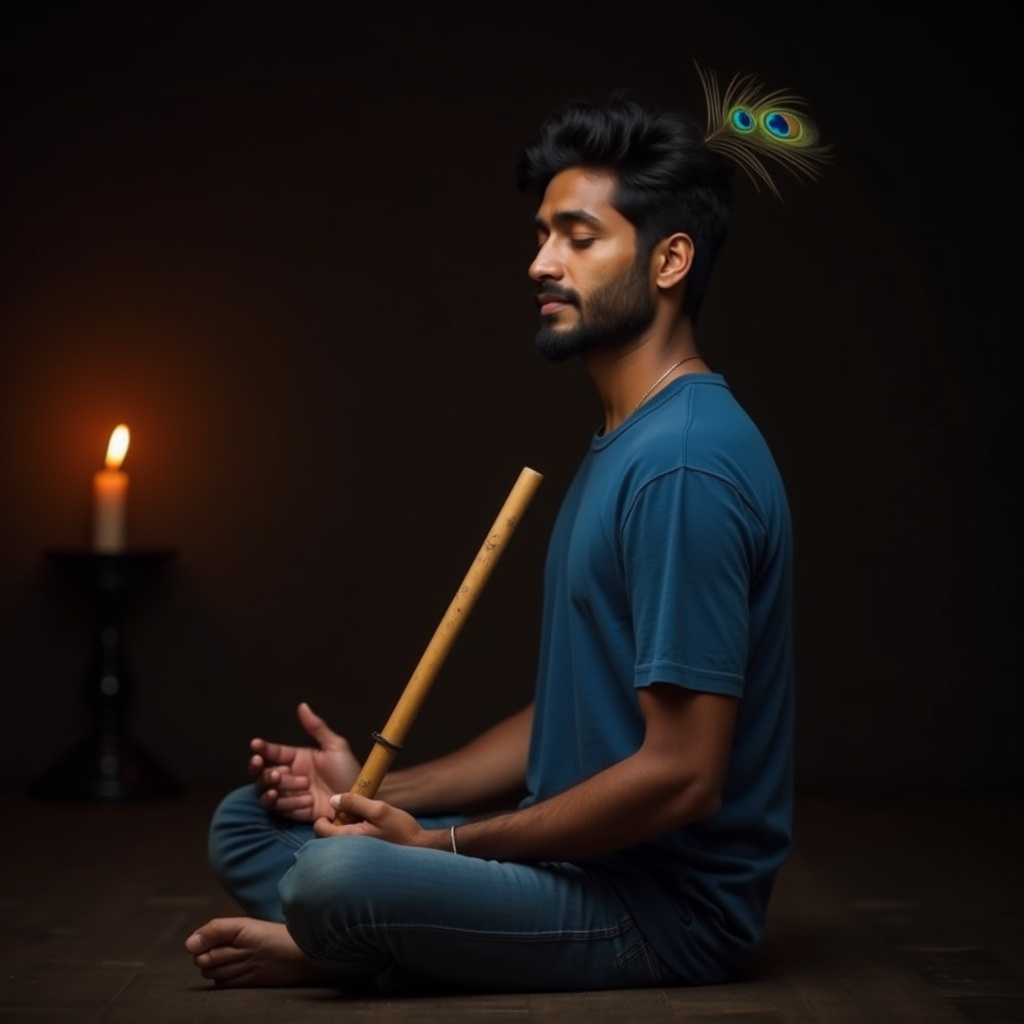 A single candle burning steady in a dark, still room, its reflection perfect in a glass of water beside it