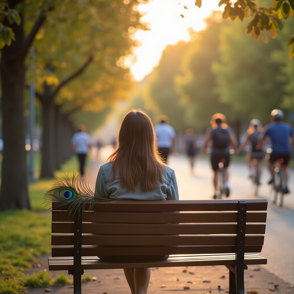 A person sitting still on a subway bench, eyes closed, while blurred commuters rush past on both sides